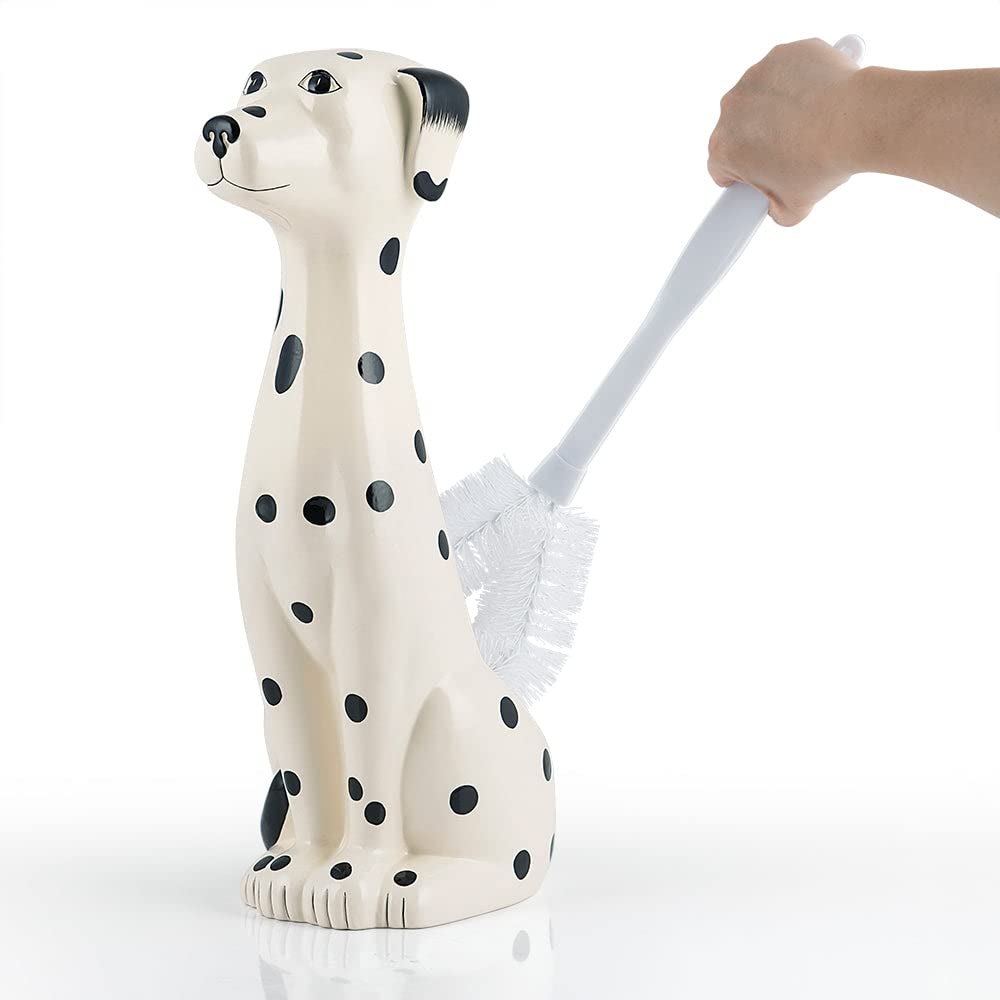 Allure Home Creation Dalmatian Dog White & Black 2-Piece Ceramic Toilet Brush Holder W/White Plastic Handled Scrub Brush, 9.4