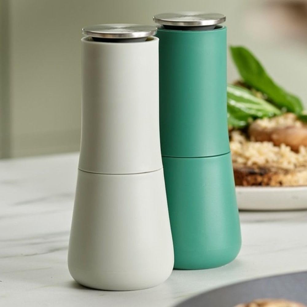 Salt and Pepper Mill Grinder Set, White and Teal, Modern Style, Manual Adjustable Ceramic Grinder Set, NonSpill Refillable Spic