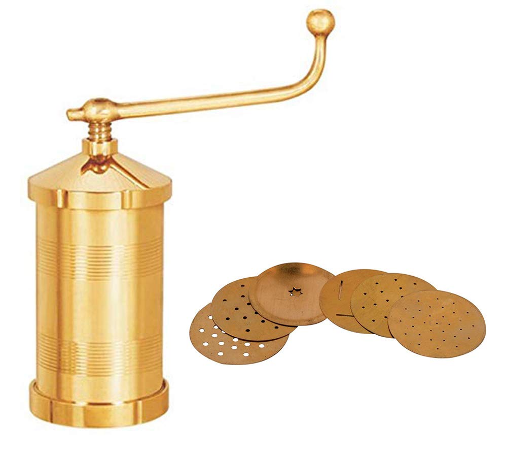 Manual Pasta Maker,Shev Maker,Sev Sancha Gathiya Murukulu Janthikulu Maker Machine With 6 Different Jali - Brass