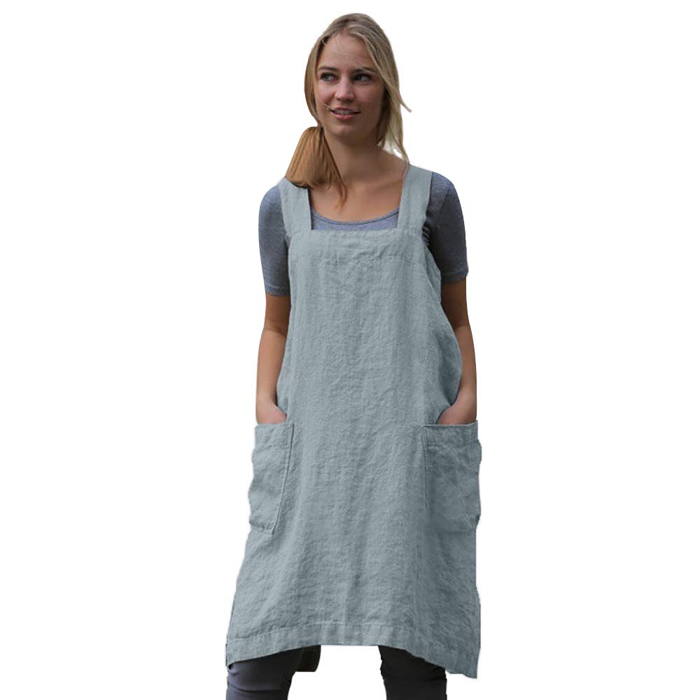 Women 'S Pinafore Square Apron Baking Cooking Gardening Works Cross Back Cotton/Linen Blend Dress With 2 Pockets Light Blue-M