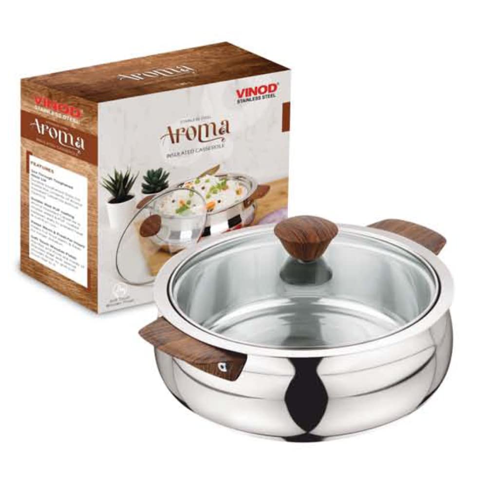 Vinod Stainless Steel Aroma Insulated Casserole With Glass Lid & Wooden Knob (1250 Ml)