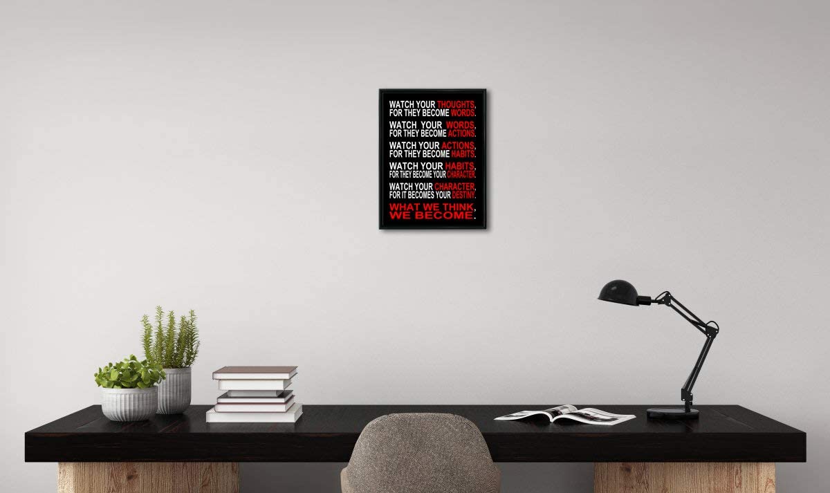Pyradecor Black Framed Ready to Hang Watch Your Thoughts Motivational Classroom Poster Modern Canvas Prints Wall Art Paintings Pictures Artwork for Office Living Room Home Decorations