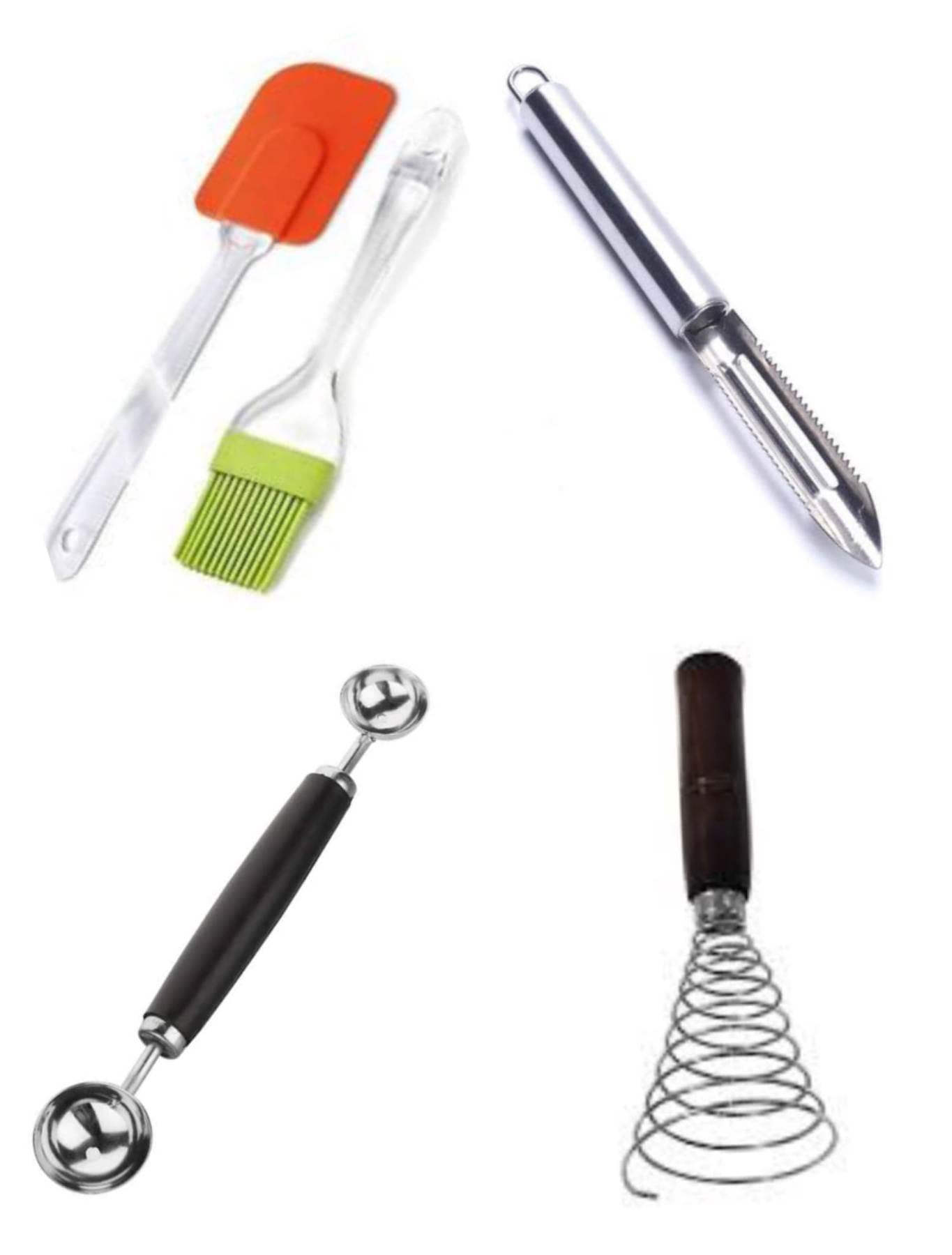Snowpearl Great Combo Of Kitchen Tools  Stainless Steel Double Ended Baller Cutter | Wooden Handle Spiral Whisk | Fruit & Veget