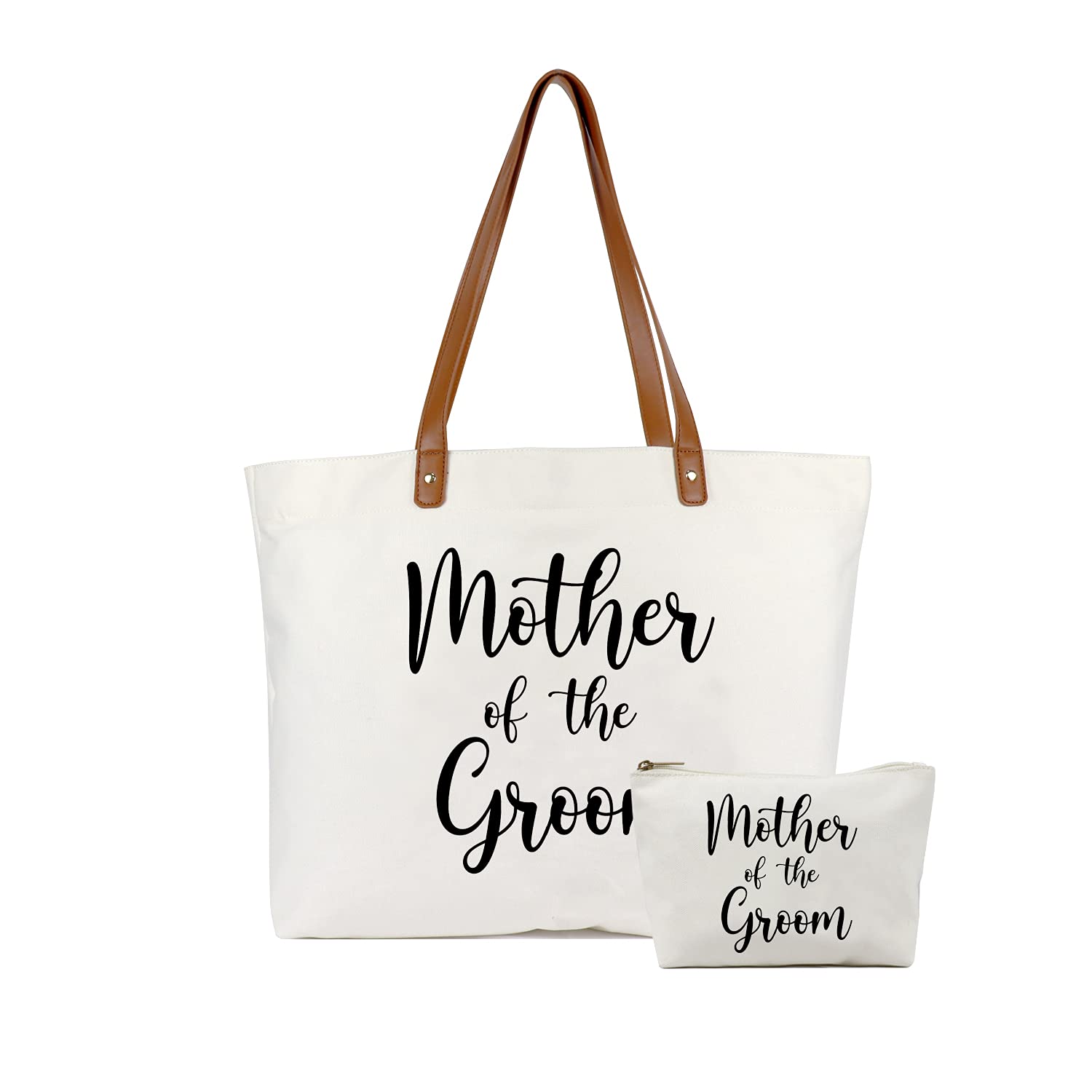 Lamyba Mother of the Groom Gifts,Mother of the Groom Tote Bag With Makeup Bag,Bridal Shower Gifts,Top Zipper Closure Canvas Whit