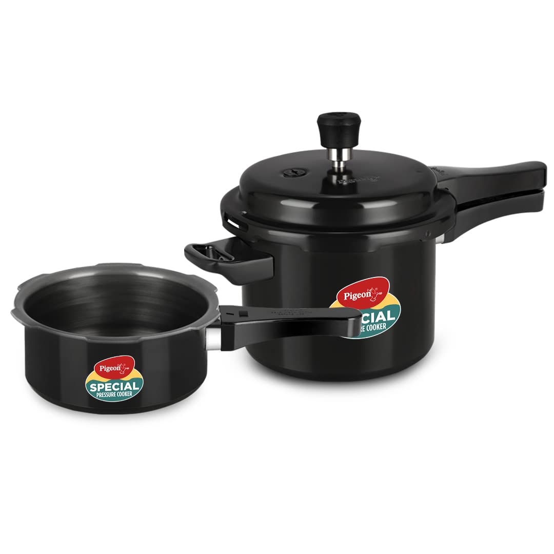 Pigeon By Stovekraft Induction Base Outer Lid Hard Anodised Aluminium Pressure Cooker Combo , 2 L And 3 L (Black)
