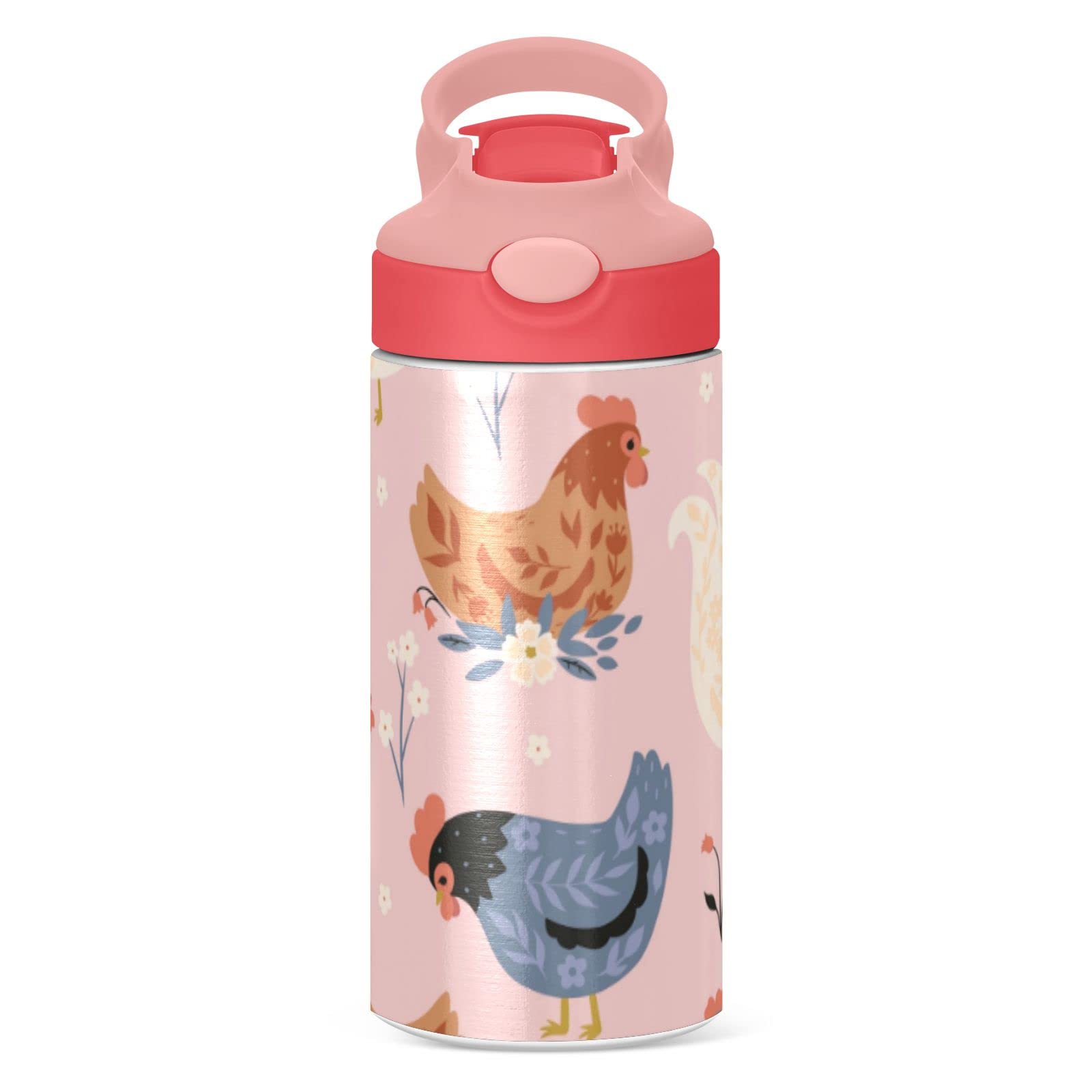 Kigai Cute Chickens And Flowers Kids Water Bottle, Vacuum Insulated Stainless Steel, Double Walled Leakproof Tumbler Travel Cup