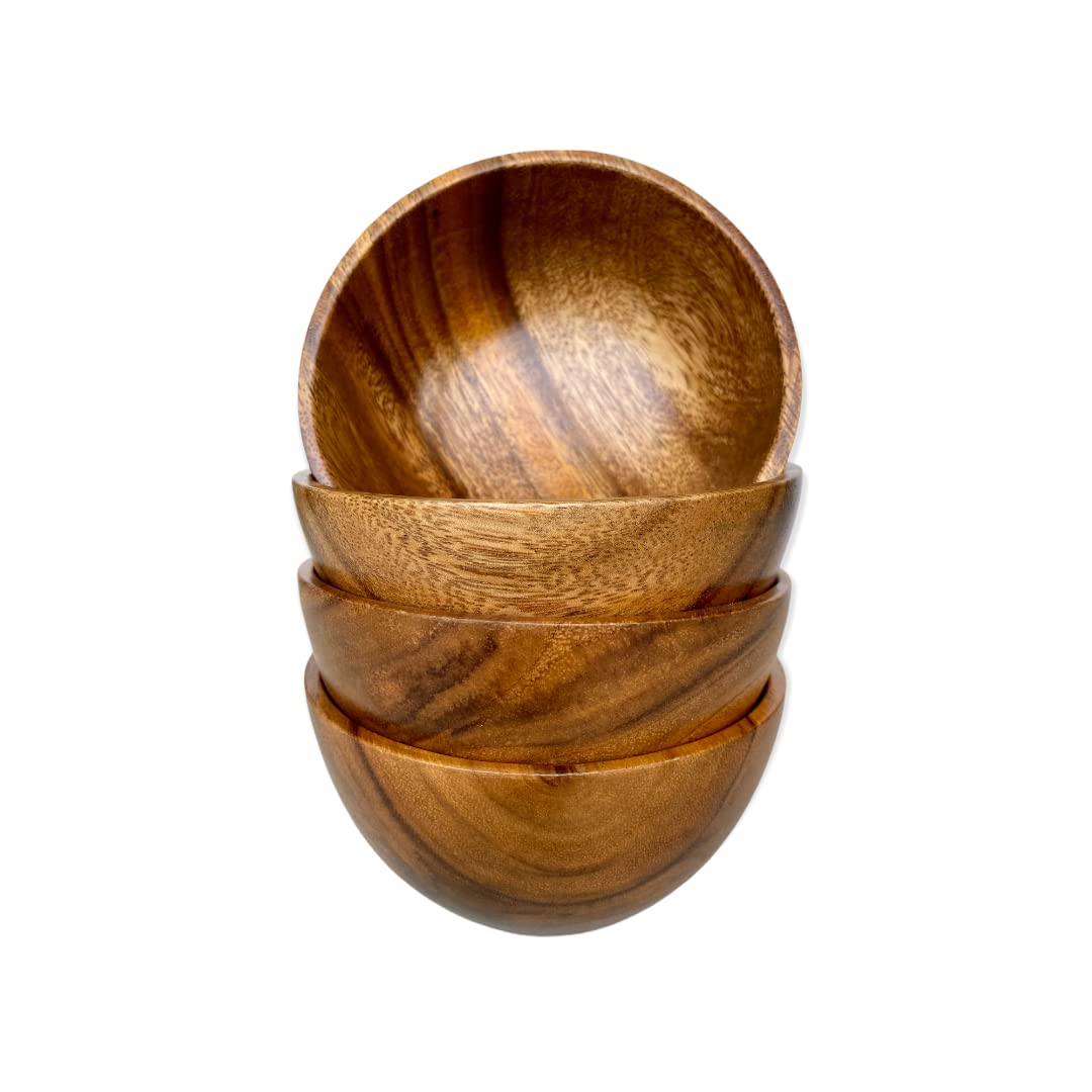 WRIGHTMART Acacia Wood Bowls, Set of 4, Handmade, Decorative, for Serving Food, Small Salads, Dips, Sauces in the Kitchen or Din