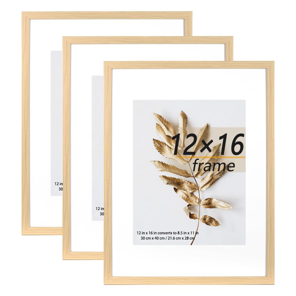 Hogaryo Set of 3 12x16 Picture Frame Natural can Display 8.5x11 Picture with Mat on the Wall