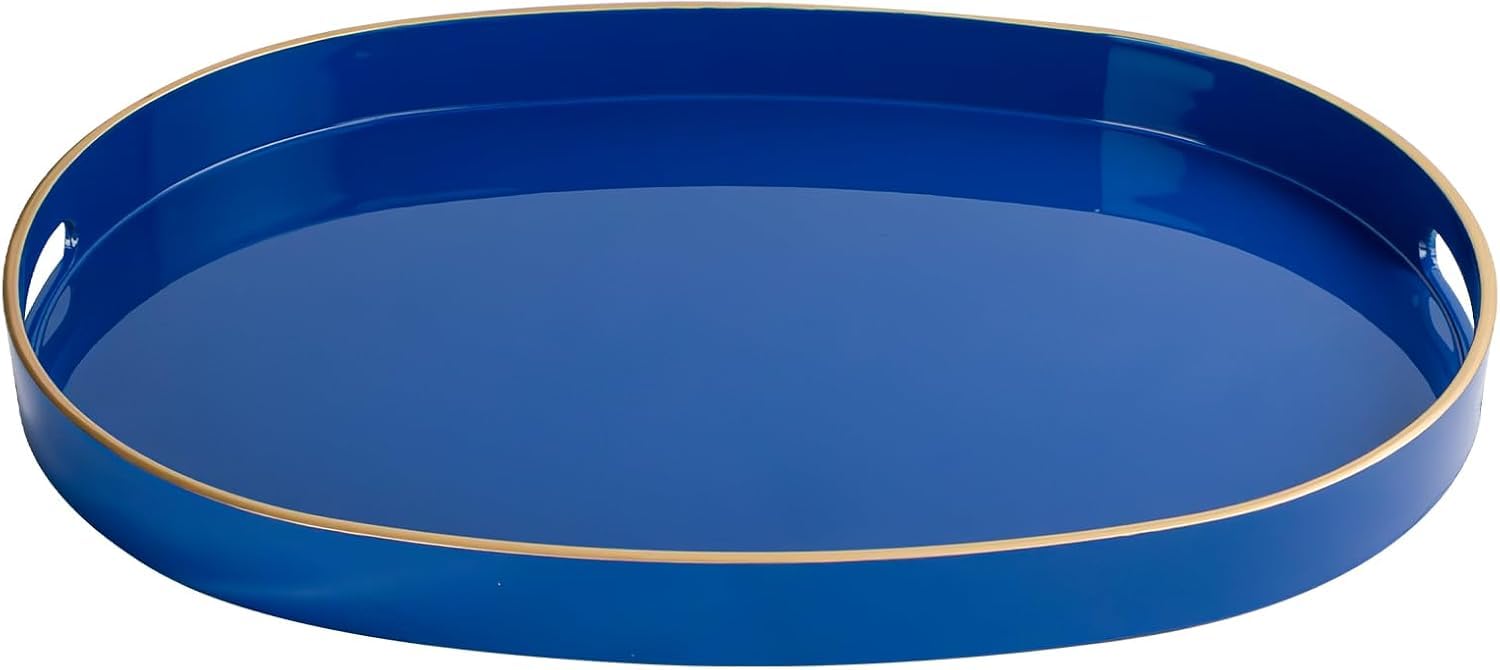 MAONAME Blue Decorative Tray, Oval Serving Tray with Handles, Plastic Trays for Coffee Table, Ottoman Trays for Living Room, Bat