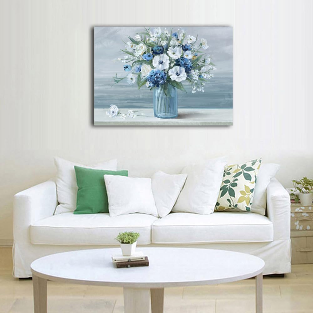 Vintage Flowers Canvas Wall Art Blue White Blossom Canvas Painting Retro Flowers in Vase Canvas Pictures Blue Ocean Seagull Background Artwork Prints for Bathroom Bedroom Wall Decor 28'' X 20''
