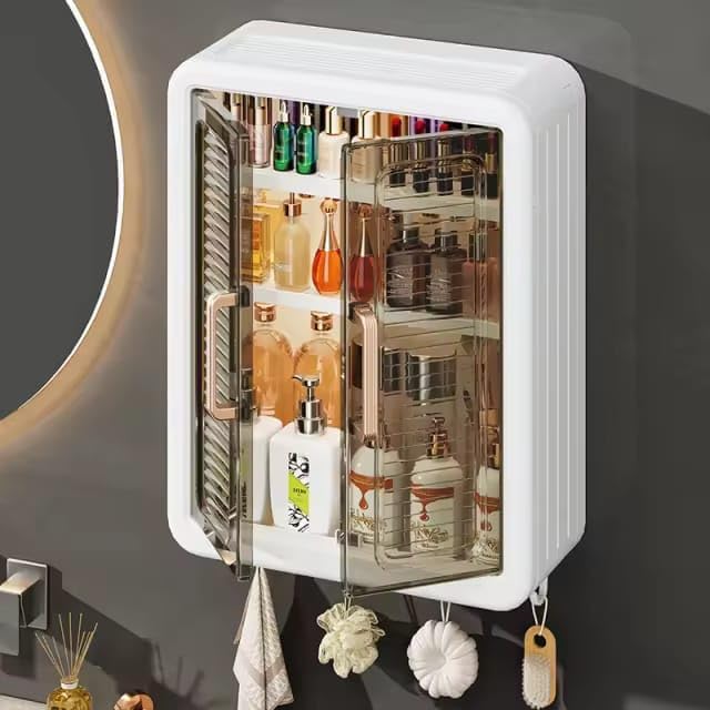 Drixty Plastic Wall Mounted Bathroom & Kitchen Storage Cabinet, Dustproof Organizer With Transparent Doors, NoDrill Adhesive In