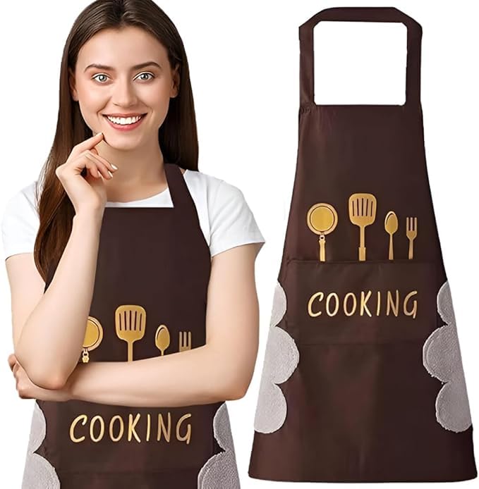 Vajarang Online Mart Kitchen Cooking Apron, Brown, With Front Pocket And Hand Wipe Towel, Utensil Print Design