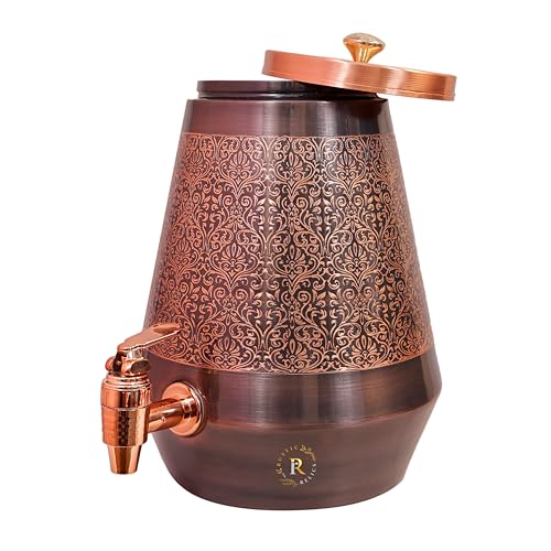 Rustic Relics Antique Copper Water Matka - 5L | With Eye Catching Embosed Engraving Design | Copper Water Storage Dispenser With