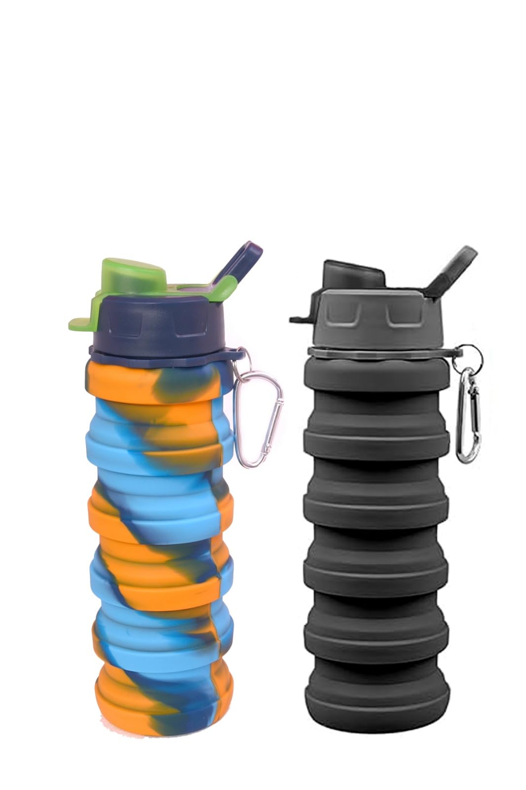 Collapsible Water Bottle Set, 16oz Silicone, BPA-Free, with Carabiner, 2-Pack, Multiple Colors (Camuflaje & Black)