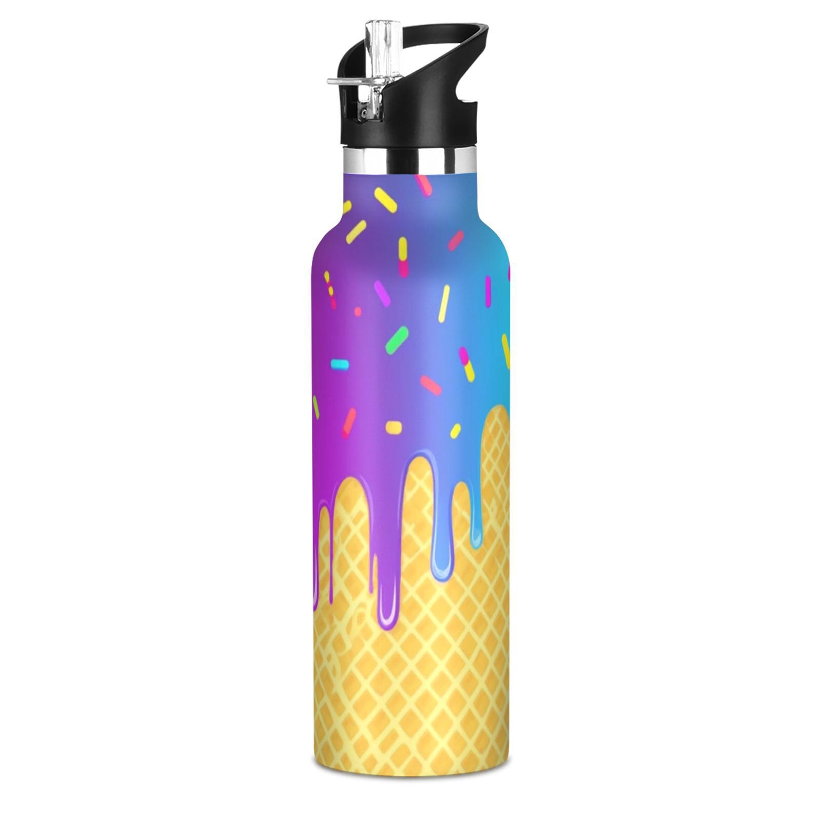 VIGTRO Ice Cream Waffle Cone Sprinkles Kids Water Bottle Vacuum Insulated Stainless Steel Boys Girls Sports Bottle with Straw Li