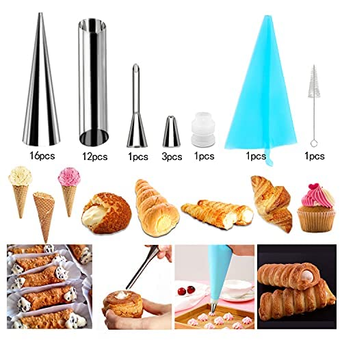 Cakeoo 35Pcs Cannoli Forms Tubes Kits, Cream Horn Mold, Non-Stick Stainless Steel 16Pcs Cone Shaped And 12Pcs Tubular Shaped Bak