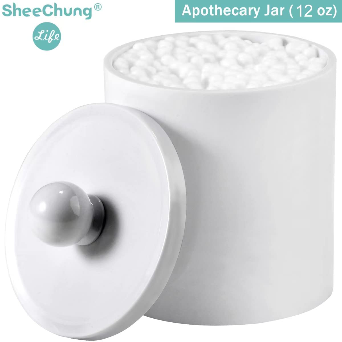 6 Pack of 12 Oz. Qtip Dispenser Apothecary Jars Bathroom with Labels - Qtip Holder Storage Canister Clear Plastic Acrylic Jar for Cotton Ball Cotton Swab Cotton Rounds Floss Picks  Hair Clips (White)