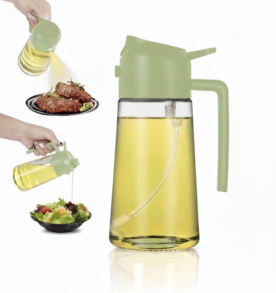 HamZine 2-in-1 Oil Sprayer & Pour Bottle for Cooking - 470ml Glass Olive Oil Dispenser with Leak-Proof Stainless Steel Nozzle, F