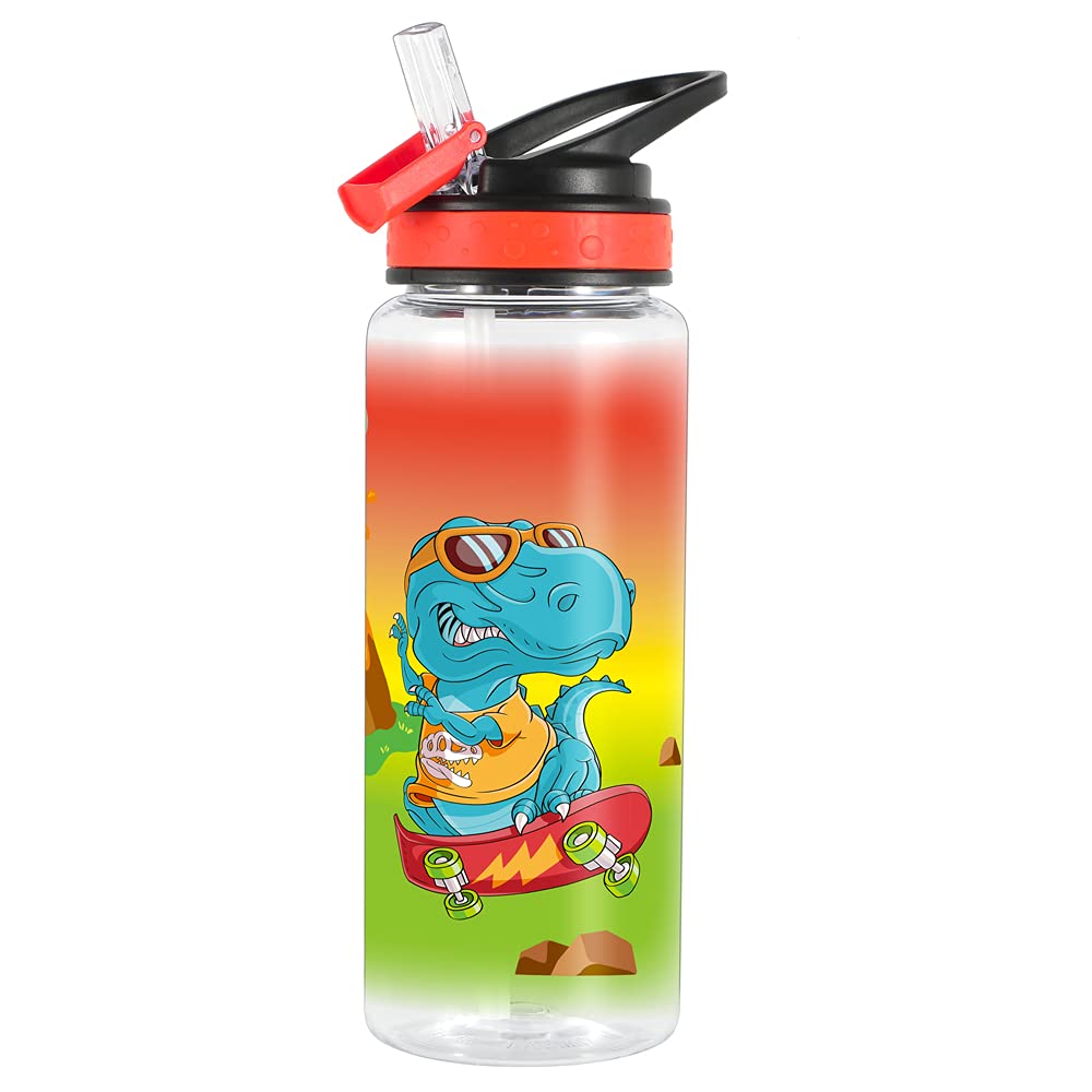 Home Tune 23oz Kids Water Bottle for School Boys, BPA FREE, Leak Proof Flip Straw, Easy Clean, Carry Handle (Rock Dinosaur)