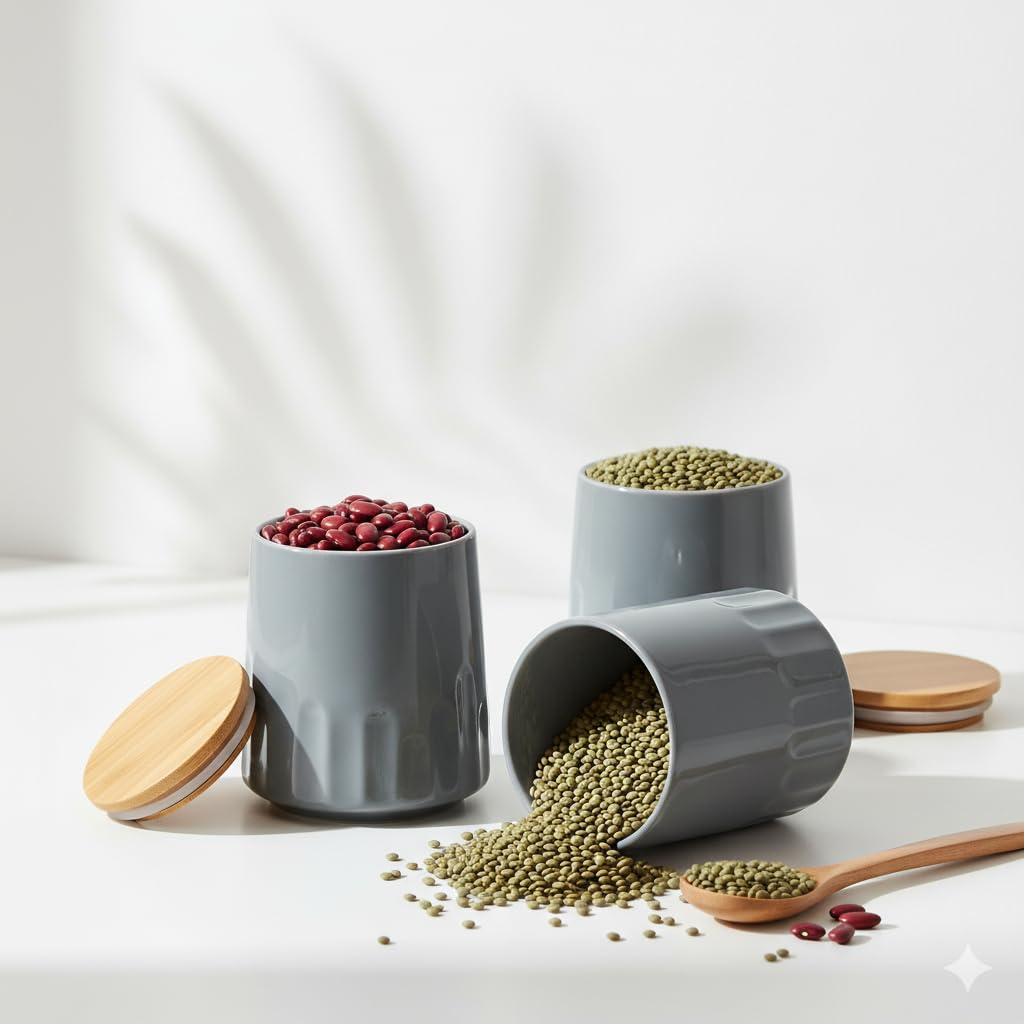 The Better Home Ceramic Set, Bamboo Lids | 280Ml X3, Grey | Glass Jar | Glass Jar For Kitchen Storage | Jars Containers | Jar Se