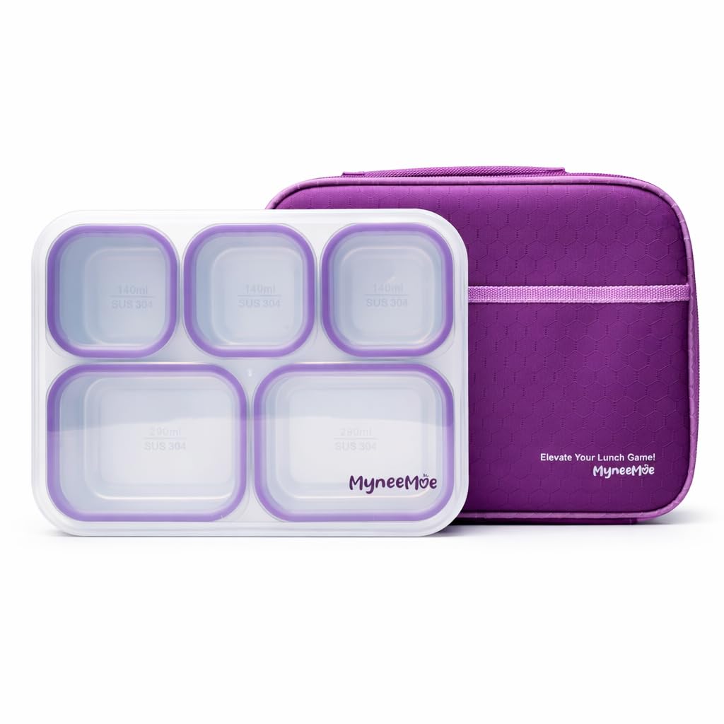 Myneemoe Meal Station Stainless Steel Lunch Box With Bag | 5 Compartment Leak Proof Tiffin Box For Office, College & Travel (Pur