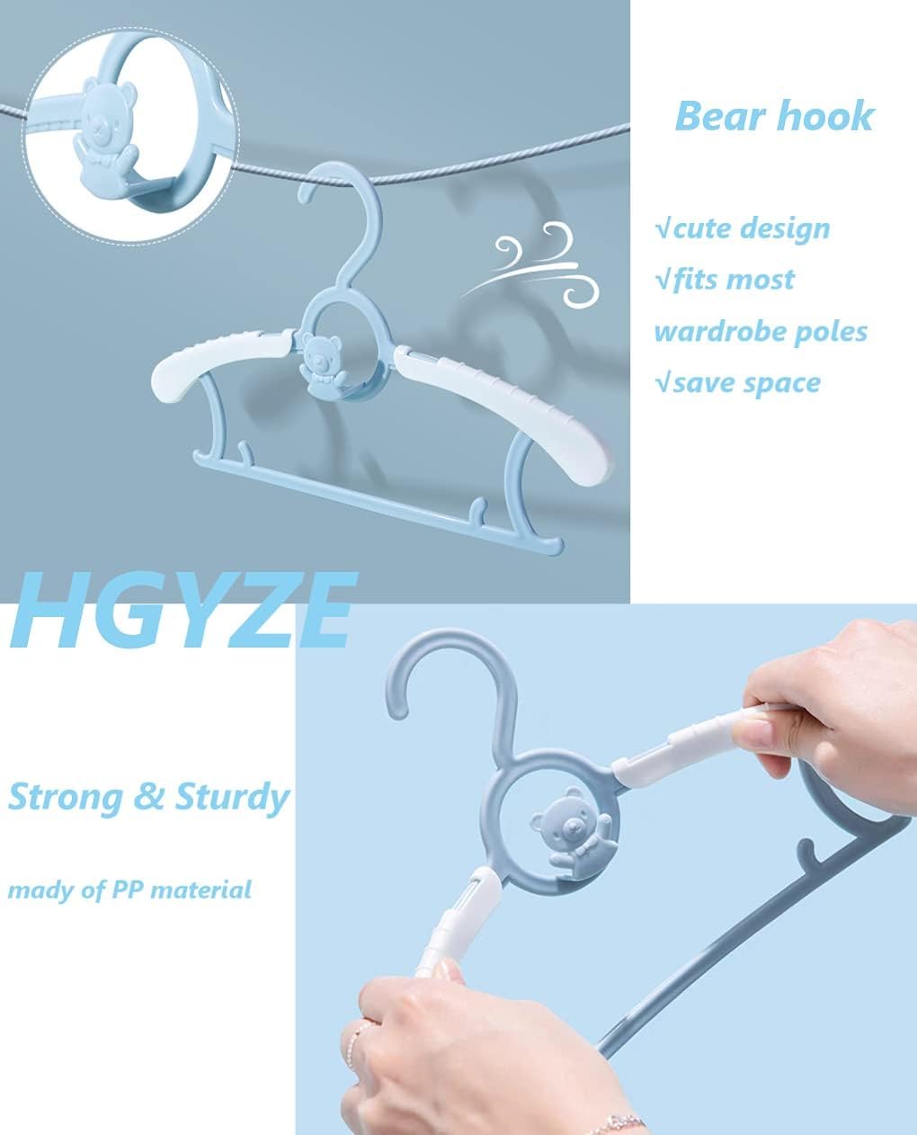 Hgyze Kid Hangers For Closet 50Pcs, Blue Infant Clothes Hanger 11-14'' Adjustable Plastic Baby Coat Hangers With Bear Hook, Non-