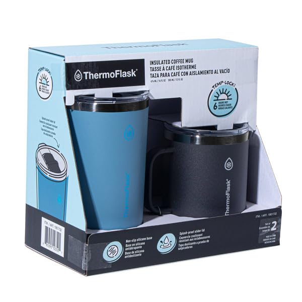 ThermoFlask Insulated Coffee Mugs, Set of 2, 355 and 474 ml, black and Green, NonSlip Base, Splash Proof Lid