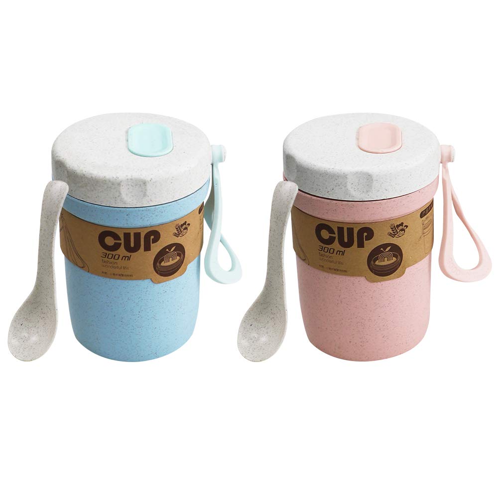 Lzymsz 2Pcs Wheat Straw Soup Cup, 300Ml Portable Microwaveable Breakfast Cup, 2 Colors Porridge Lunch Box With Spoon For School