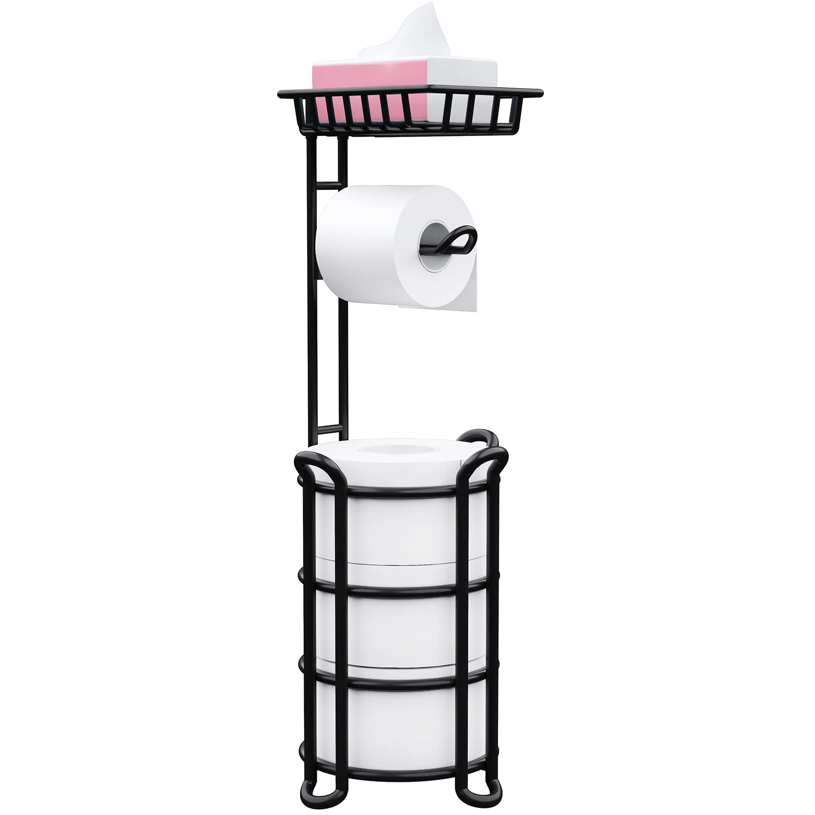 Toilet Paper Holder Stand With Shelf, Free Standing Toilet Tissue Roll Storage Rack For Bathroom, Black