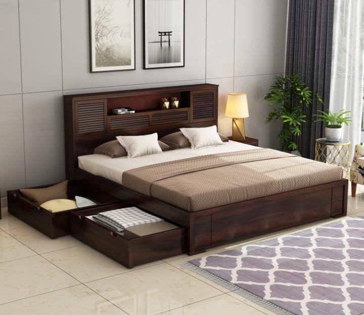 Kunjal Furniture Solid Sheesham Wood Bed With Headboard & Box Storage  Handcrafted Wooden Bed For Bedroom  Ideal For Home (Bar