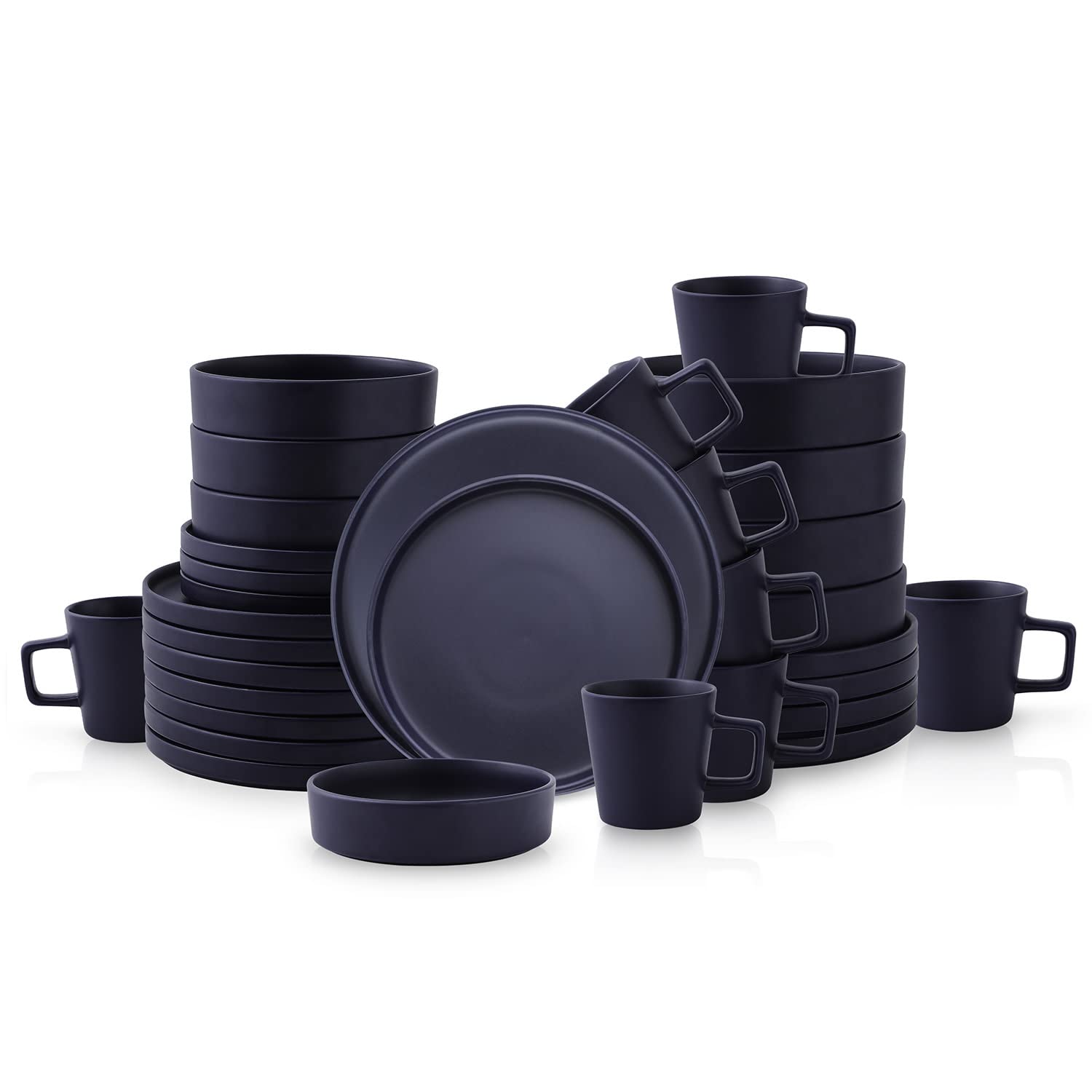 Stone Lain Cleo Modern Stoneware 32-Piece Dinnerware Set, Plates and Bowls Set, Dish Set Service For 8, Dark Blue