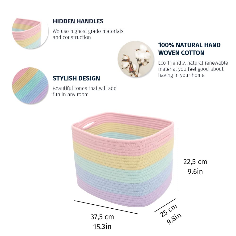 OrganiHaus Rope Rainbow Storage Baskets for Shelves | Rainbow Baskets for Pastel Classroom Decor | Baby Basket for Pastel Room Decor | Pastel Rainbow Storage Bins Colorful Baskets for Baby Room