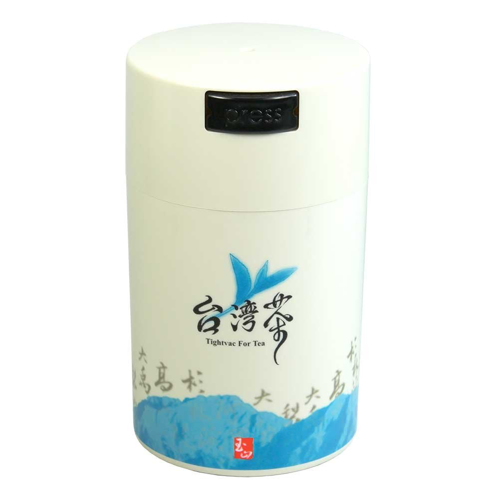 Teavac 6-Ounce Vacuum Sealed Tea Storage Container, White Cap And Body/Blue Tea Sign