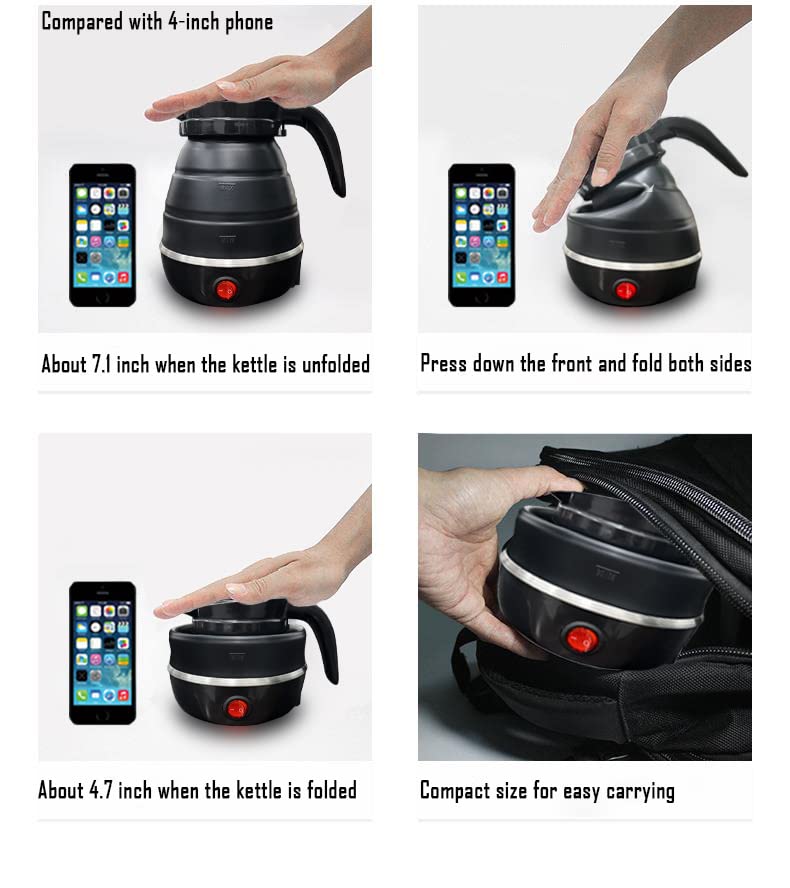 VANZO Foldable Electric Travel Kettle - Portable and Convenient Silicone Collapsible Water Boiler and Tea Pot for Camping - Easy Storage with Detachable Power Cord (Black)   (WHH-649)