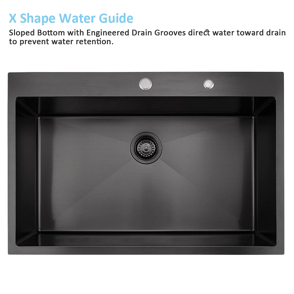 33 Inch Black Kitchen Sink Drop In-Bokaiya 33X22 Black Stainless Steel Drop In Kitchen Sink Topmount 16 Gauge Deep Matte Black S