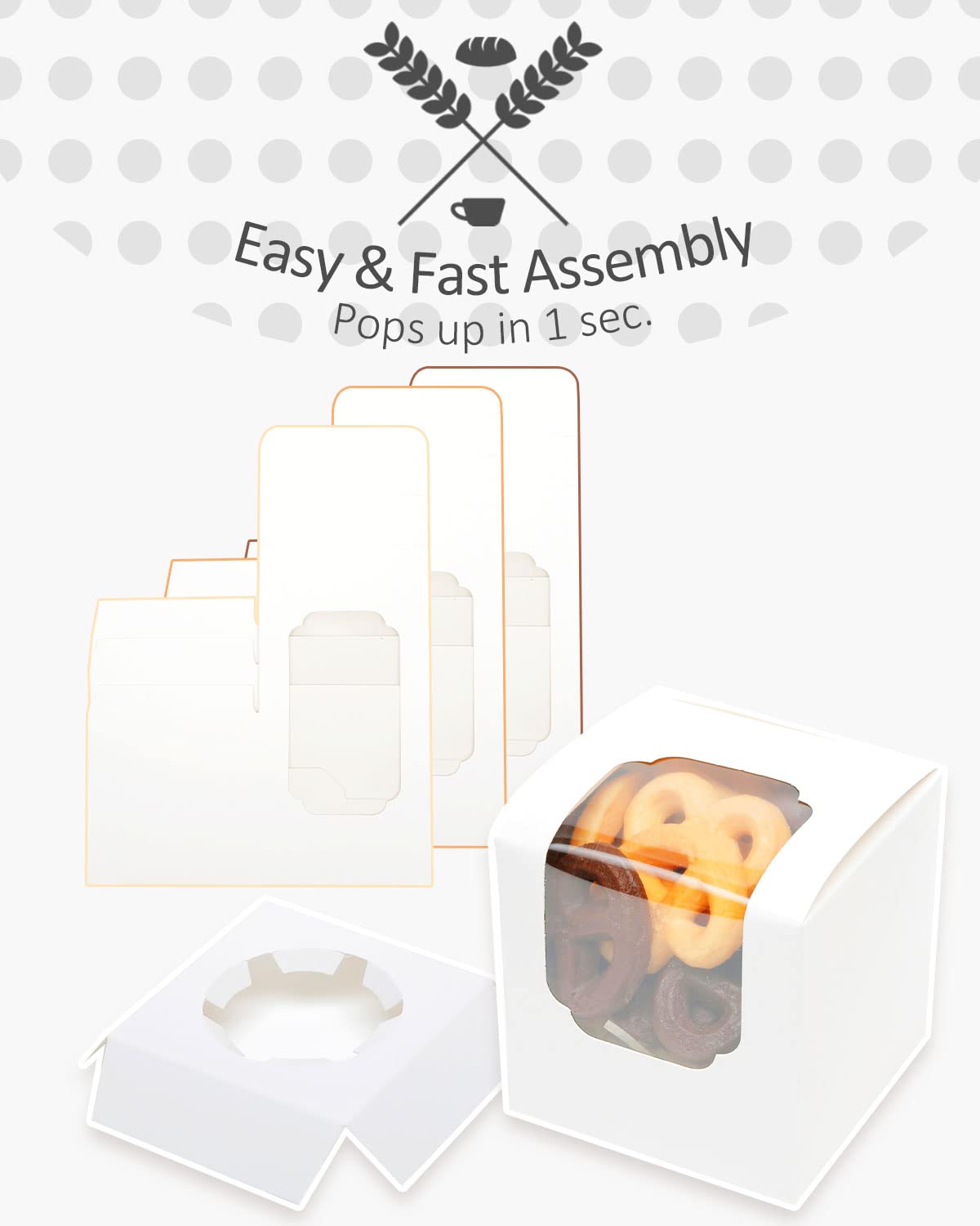 Qiqee Auto-Pop Up Cupcake Boxes 100-Packs Individual Cupcake Container White 3.5 '' X 3.5 '' X 3.5 '' Single Cupcake Boxes