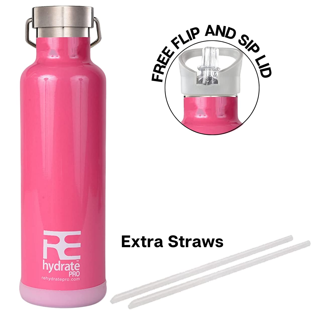 Rehydrate Pro 25oz Insulated Water Bottle with Straw  Bonus Lids and Leak Proof Flask to Keep Liquids Hot or Cold- Triple Wall Vacuum Water Bottle Insulated  Perfect for Gifts