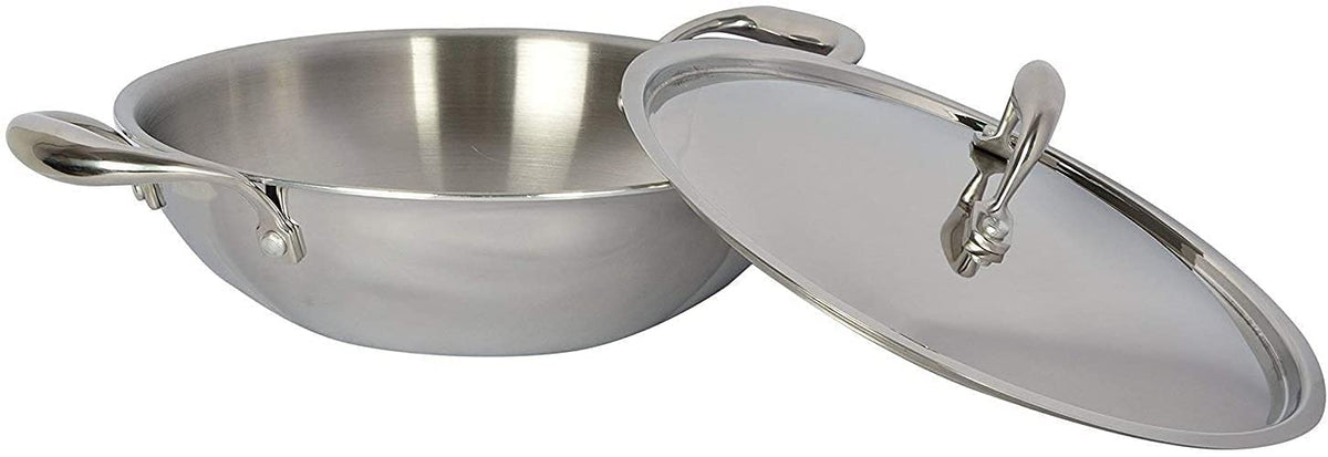 Tabakh Food Grade 1.8 Liter Induction Friendly Platinum (Tri Ply) 18/8 Stainless Steel Kadai W/Stainless Steel Lid (22Cm, 1.8 Li