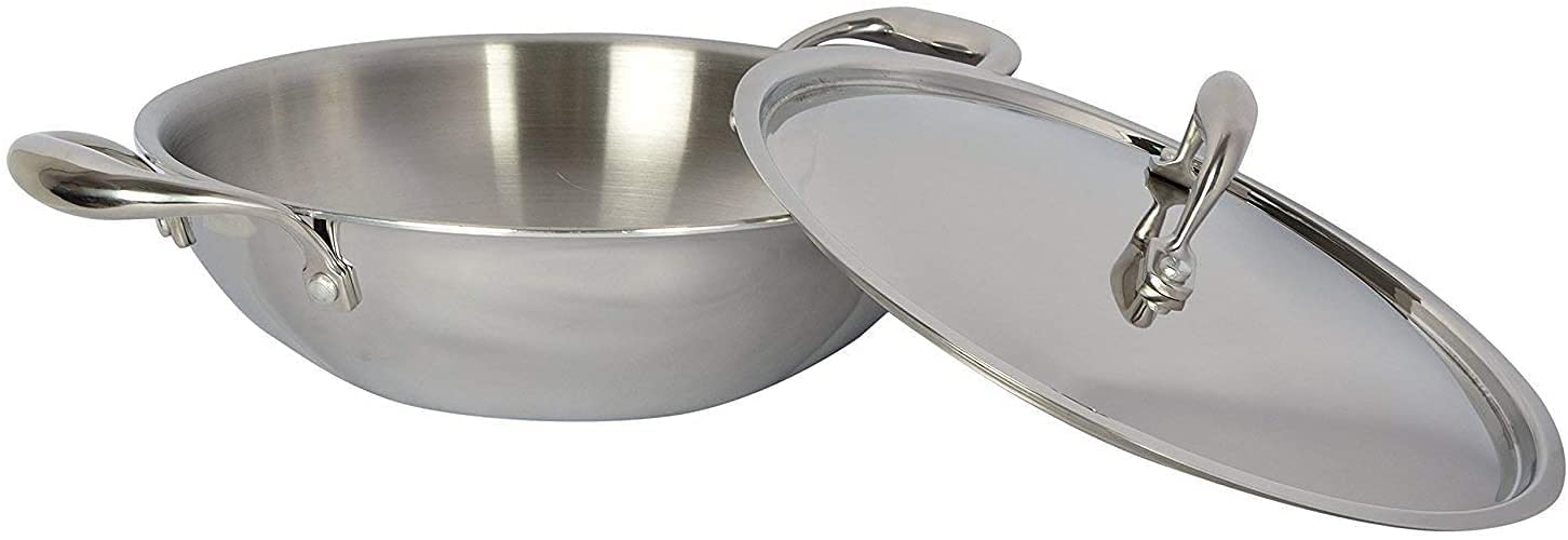Tabakh Food Grade 3.2 Liter Induction Friendly Platinum (Tri Ply) 18/8 Stainless Steel Kadai W/Stainless Steel Lid (26Cm, 3.2 Li