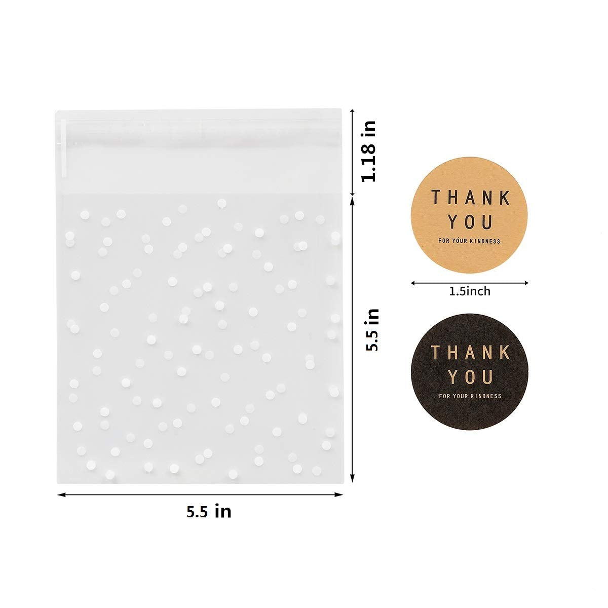 400PCS White Polka Dot Treat Bags Set Self Adhesive Candy Cookie Bags Set  200 Cellophane Bags + 200 Thank You Sticker for Bakery Biscuit Chocolate Snacks Dessert (5.5x5.5Inches  White Polka Dot+Sticker)