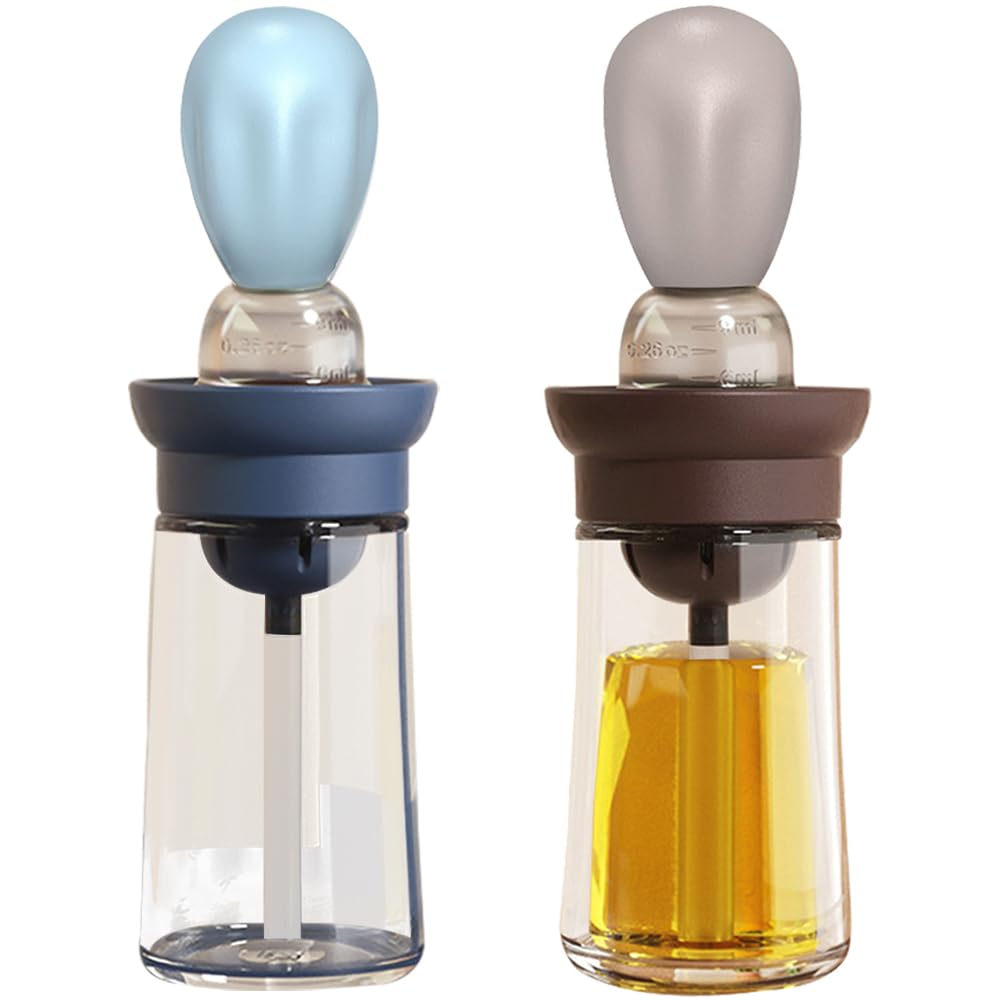 TINMIX Oil Dispenser with Brush - 2 Pack Glass 2 IN 1 Olive Oil Dispensing Bottle with Basting Brush for Cooking Frying Baking K