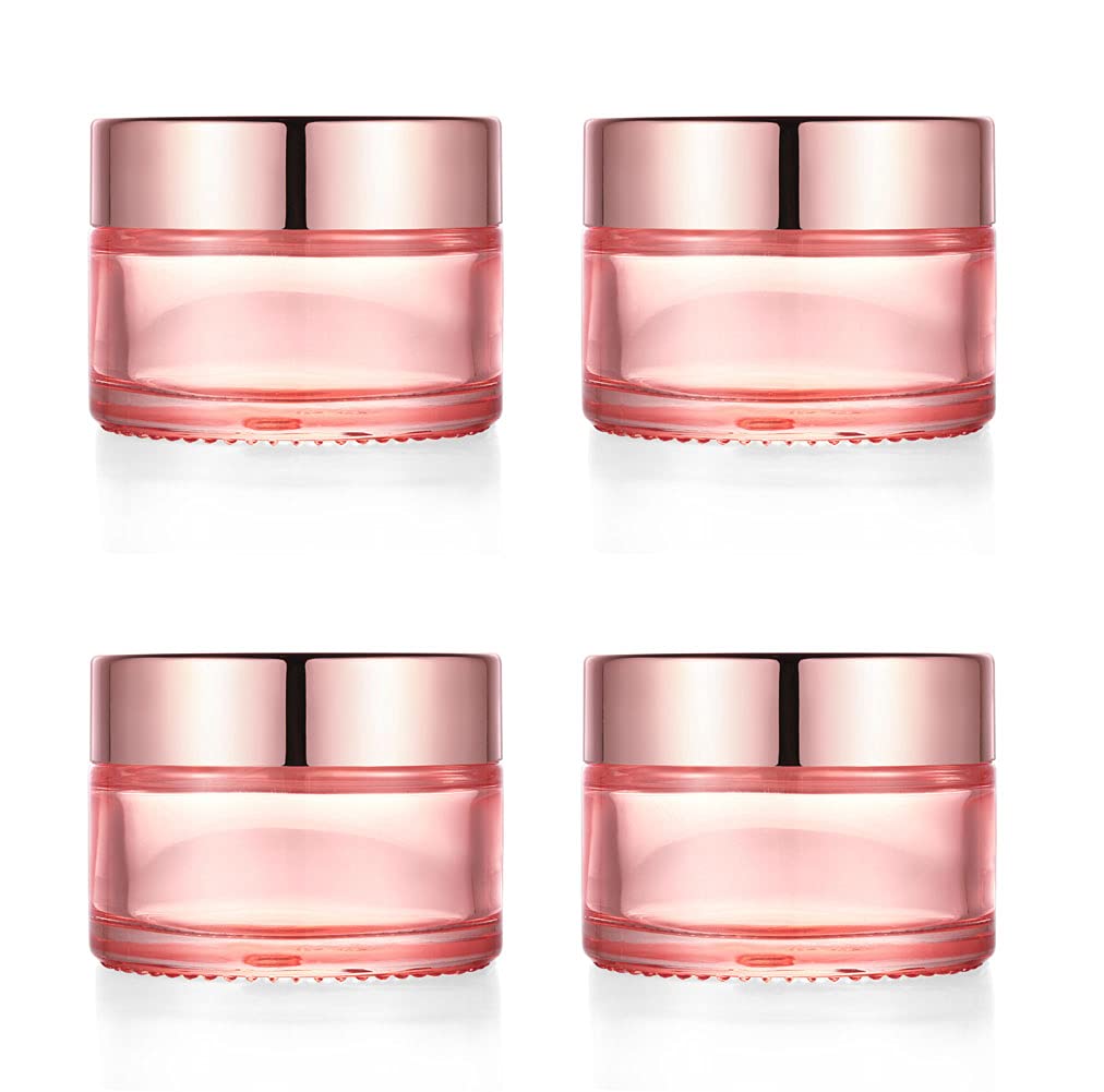 Furnido 4 Pack,1 Oz/30Ml Pink Glass Face Cream Jar Pot,Empty Thick Glass Cosmetic Cream Jar Container With Rose-Golden Cover,Inn