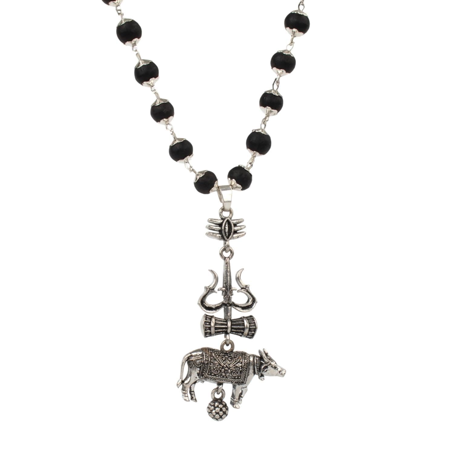 7Mm Silver Capped Karungali Mala With Shiv Third Eye Trishul Damru With Nandi Brass Pendant