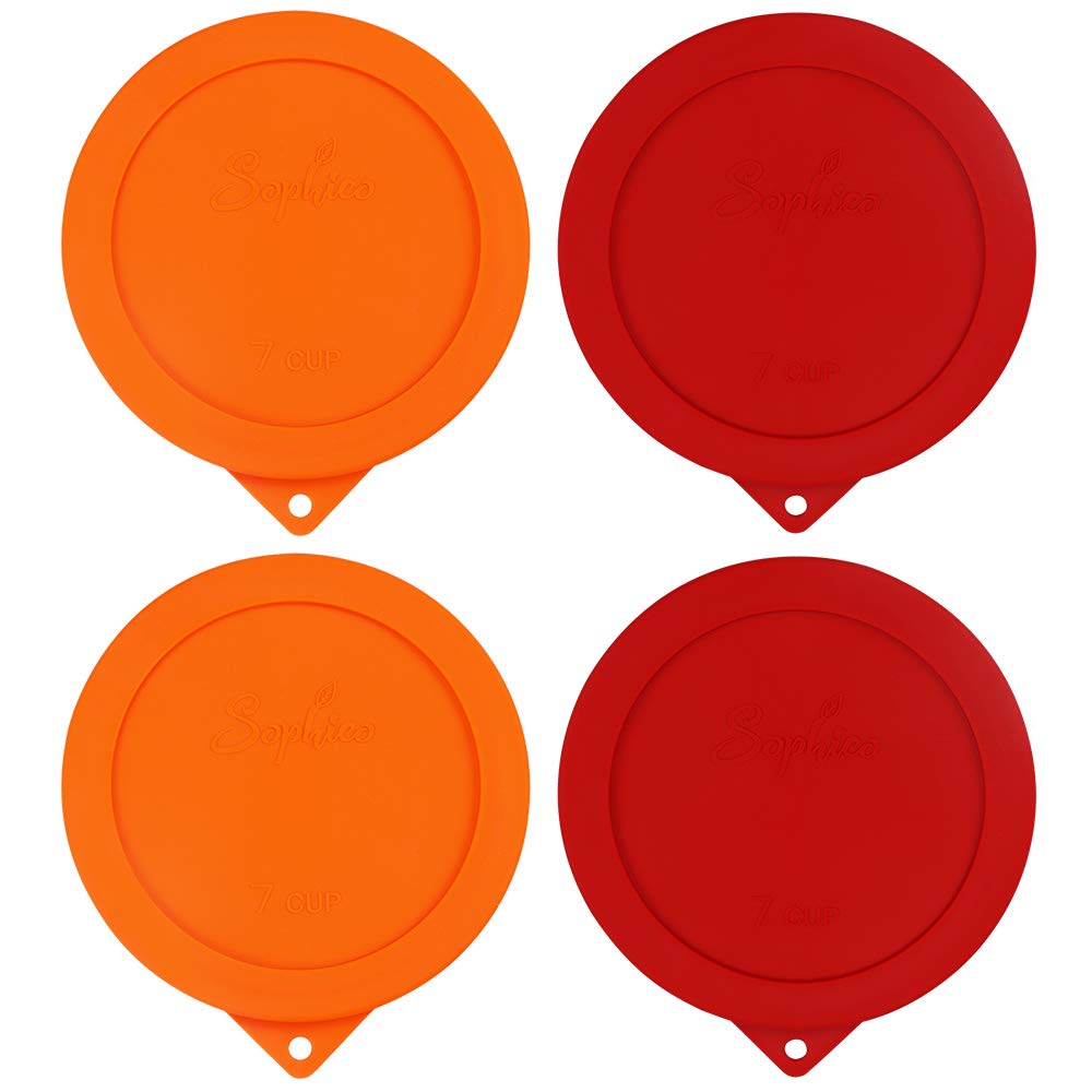 Sophico Sophico Round Silicone Storage Cover Lids Replacement for Anchor Hocking and Pyrex 7402-PC 6/7 Cup Glass Bowls (Container not Included) (Red-Orange  4 pack)