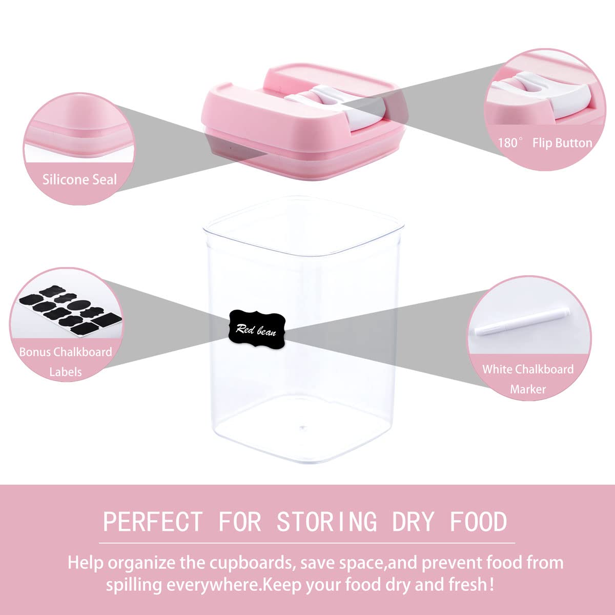 U-QE Airtight Food Storage Container Set-10 Piece BPA Free Clear Plastic Cereal Canisters with Easy Lock Lids-Kitchen & Pantry Organization Containers for Sugar  Flour  Cereal  Labels & Marker(Pink)