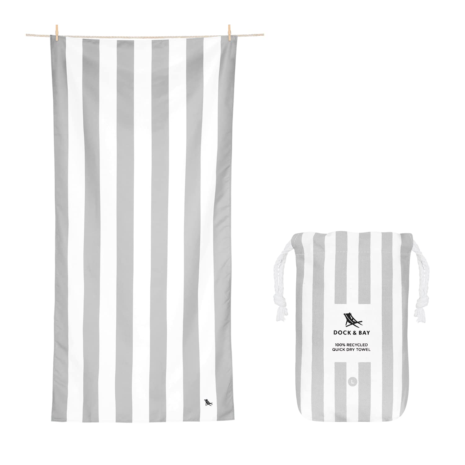 Dock & Bay Beach Towel - Quick Dry, Sand Free - Compact, Lightweight - 100% Recycled - Includes Bag - Cabana Light - Goa Grey -