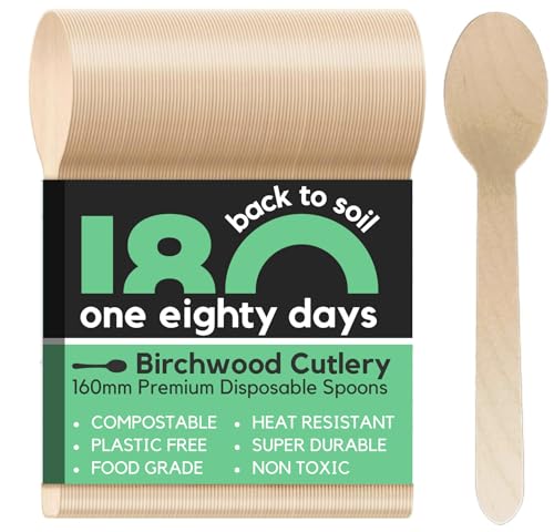 180 Days  Disposable Wooden Spoons | 50 Spoons (160Mm Length) | Biodegradable & EcoFriendly Birchwood Cutlery #180Days (160Mm,