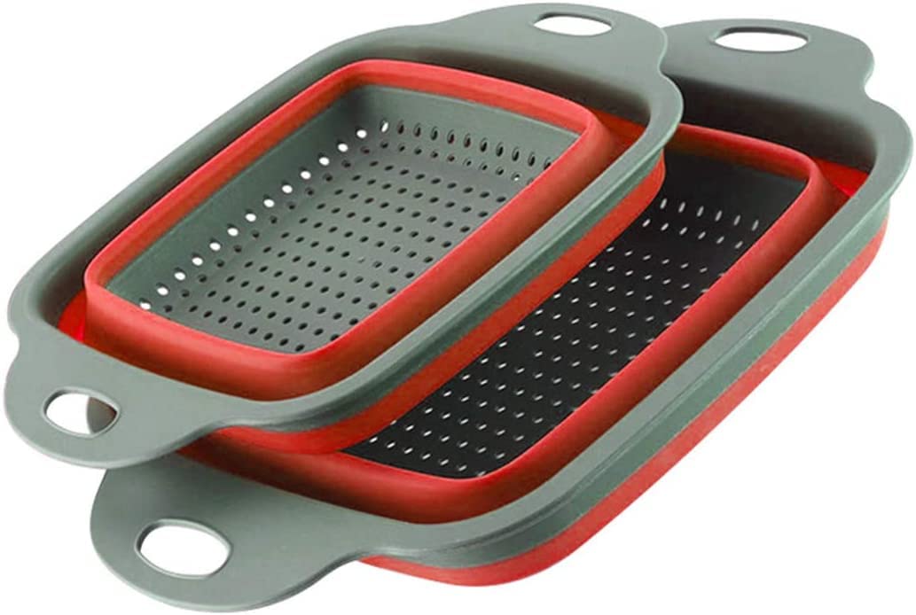Baskety Foldable Collapsible Kitchen Colander 2 Pcs Square Collapsible Washing up Bowl Silicone Strainer Set Filter Basket 2 Siz