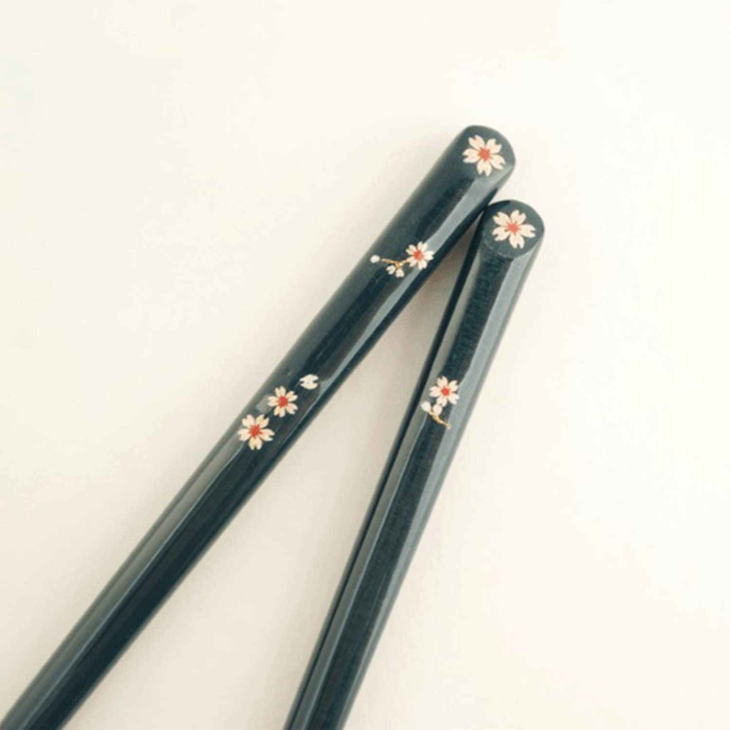 Japanese Natural Lacquered Wooden Chopsticks - Handmade In Japan - 9.25 In - Cherry Blossom (Blue)