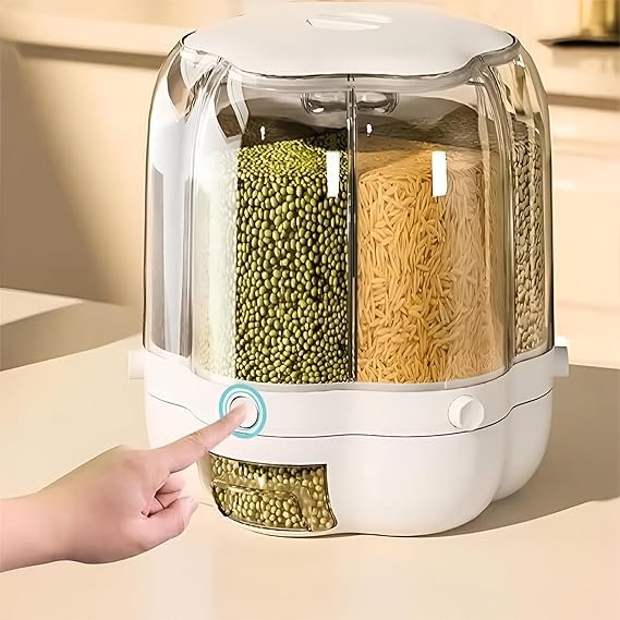 Nishiv 360Food Grain Storage Container Large Capacity 6Grid Rice Dispenser With Lid Moisture Resistant, Cereal Holder Dispenser